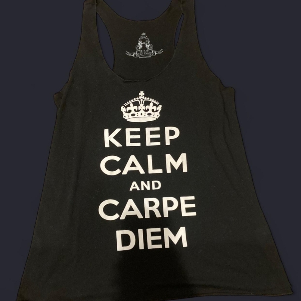 S | “Keep Calm and Carpe Diem” black racerback tank top